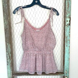 Fully Lined, Spaghetti Strap, Ruffle Blouse. Pink/white/blue Flora, Gold stripes